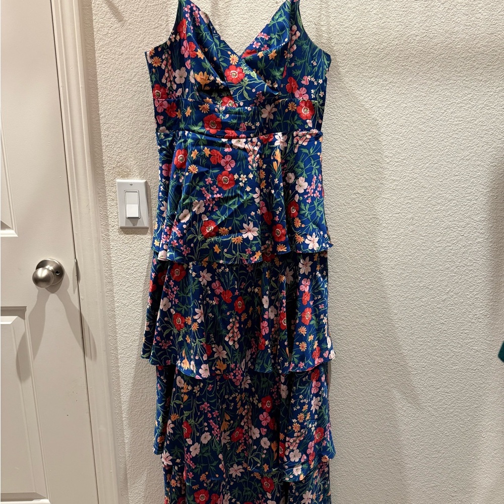 Skies Are Blue Navy Floral Tiered V-Neck Maxi Dress with Pink & Red Blooms